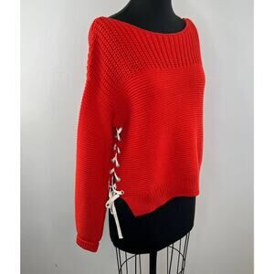 360 Sweater Red Cotton Acrylic Chunky Knit Lace Up Sides Boat Neck Sweater S